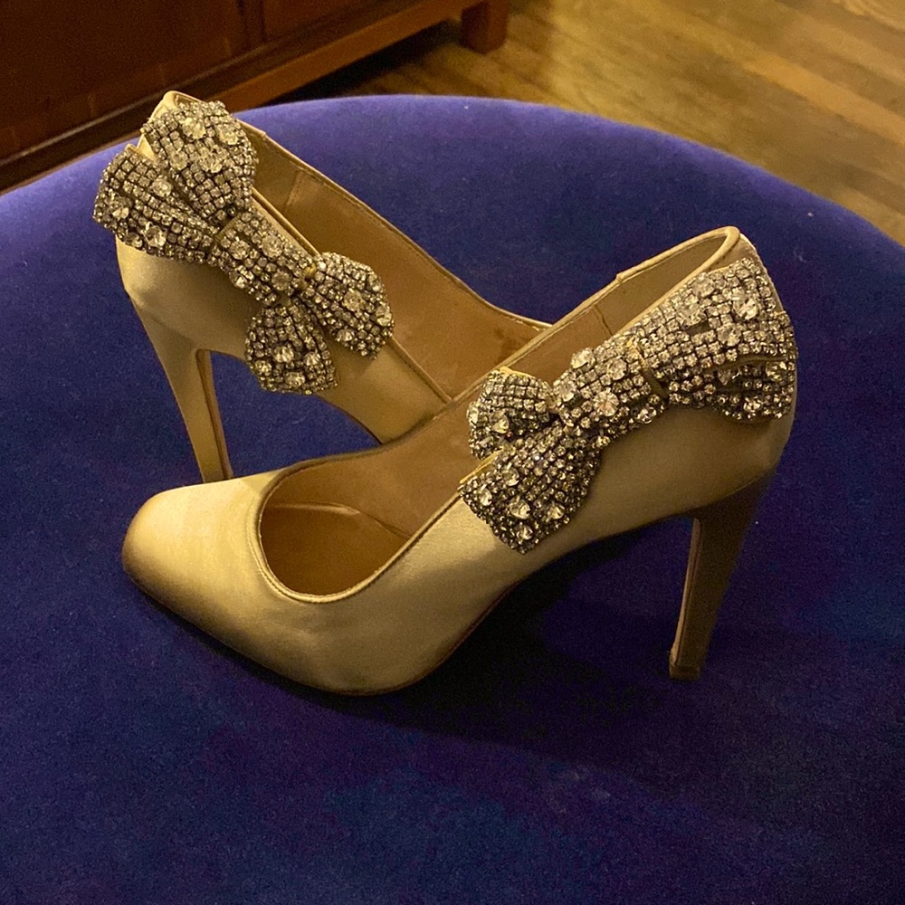 Satin Champagne Sabrena Heels with Rhinestone Bow detail